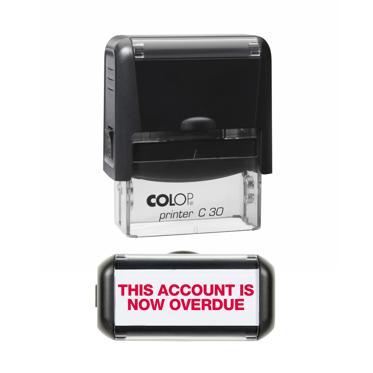 This Account Is Now Overdue - COLOP C30 45 x 18mm self-inking stamp - Red ink