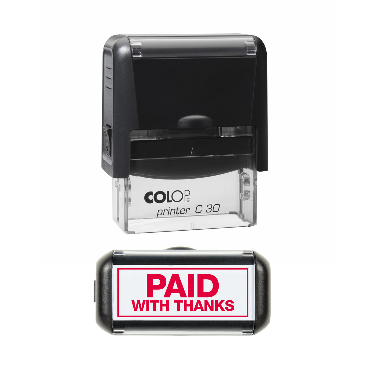 Paid with Thanks COLOP C30 stamp impression in red ink, 45 x 18mm