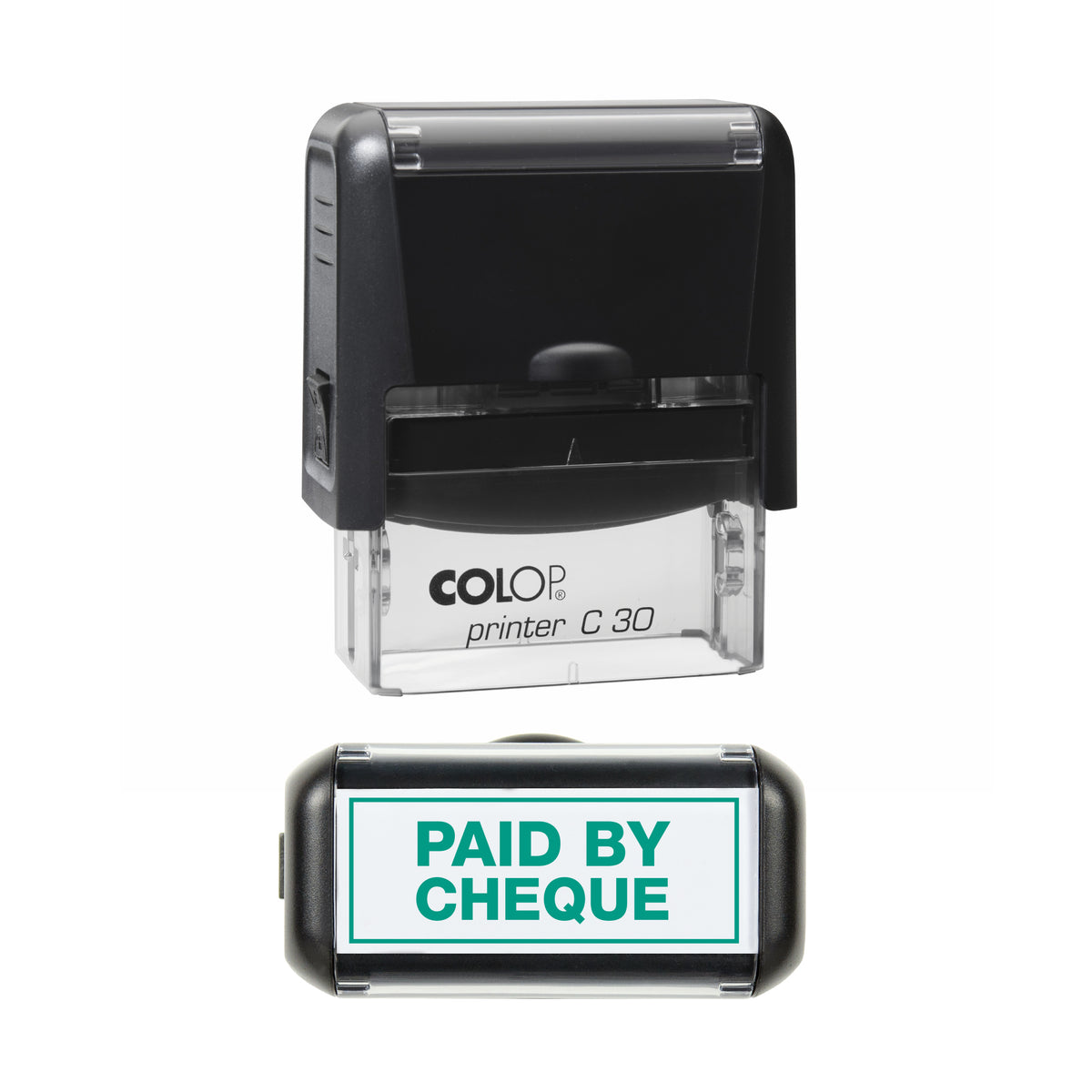 Paid by Cheque COLOP C30 stamp impression in green ink, 45 x 18mm