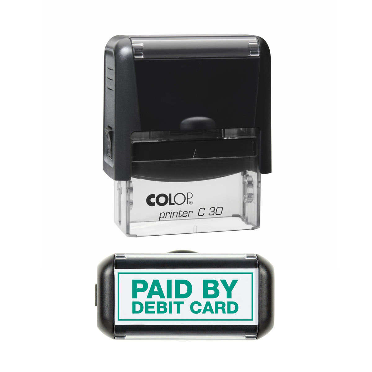 Paid by Debit Card COLOP C30 stamp impression in green ink, 45 x 18mm