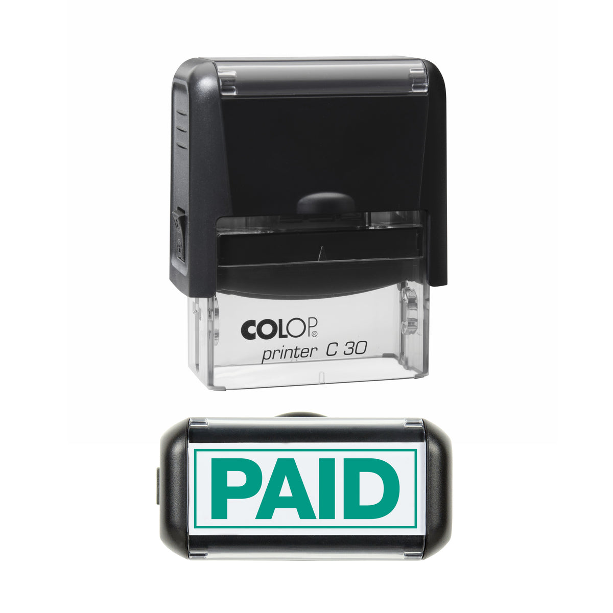 Paid COLOP C30 stamp impression in green ink, 45 x 18mm