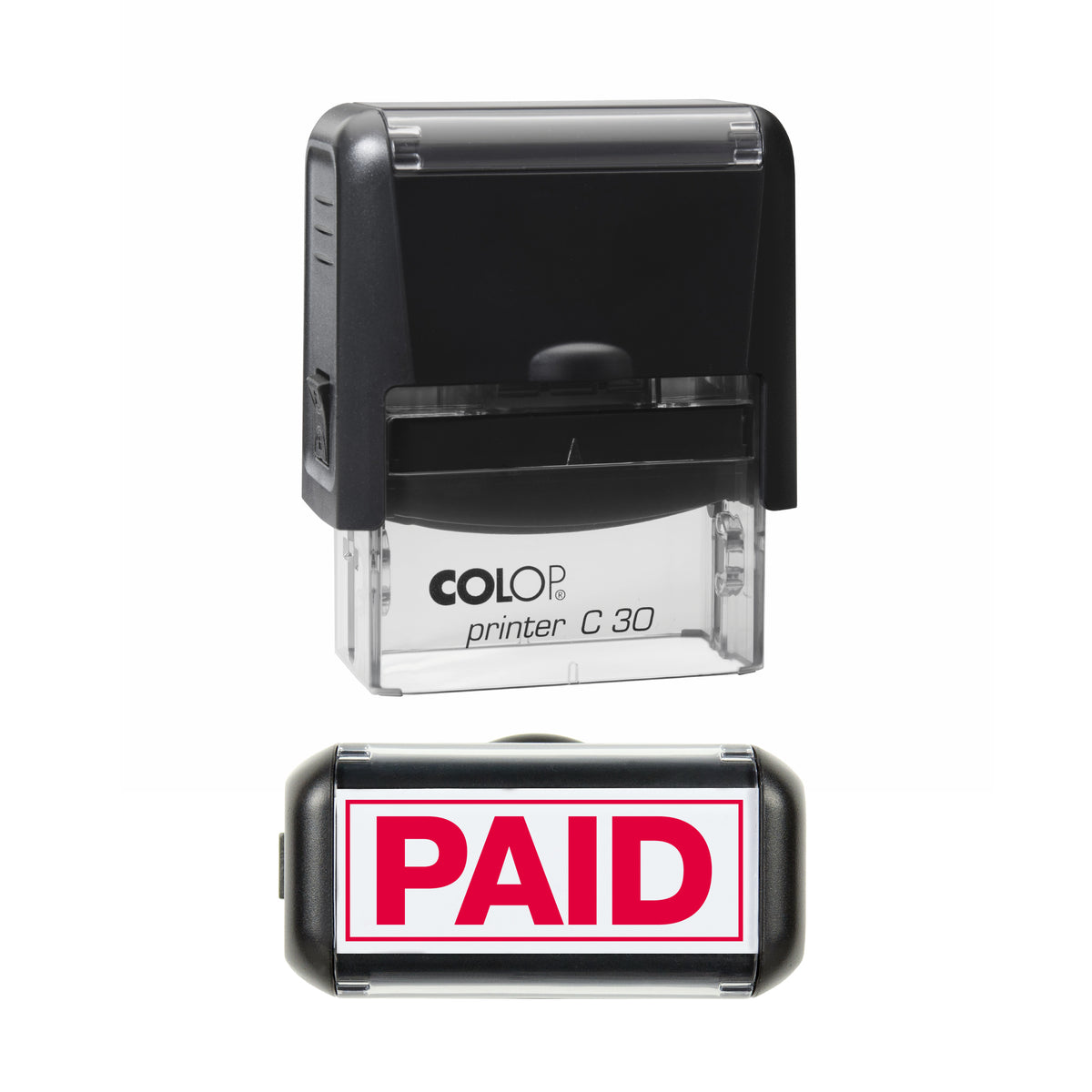 Paid COLOP C30 stamp impression in red ink, 45 x 18mm