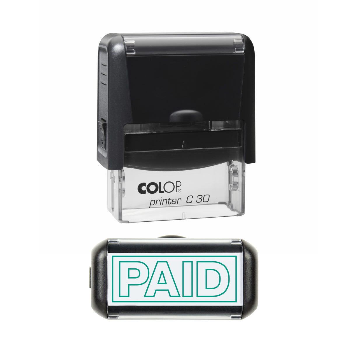 Paid COLOP C30 stamp impression in green ink, 45 x 18mm