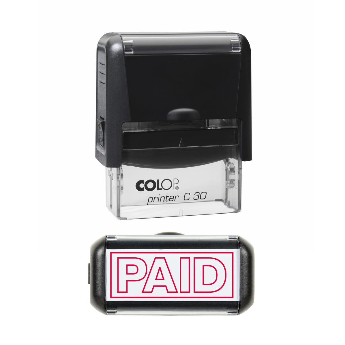 Paid COLOP C30 stamp impression in red ink, 45 x 18mm