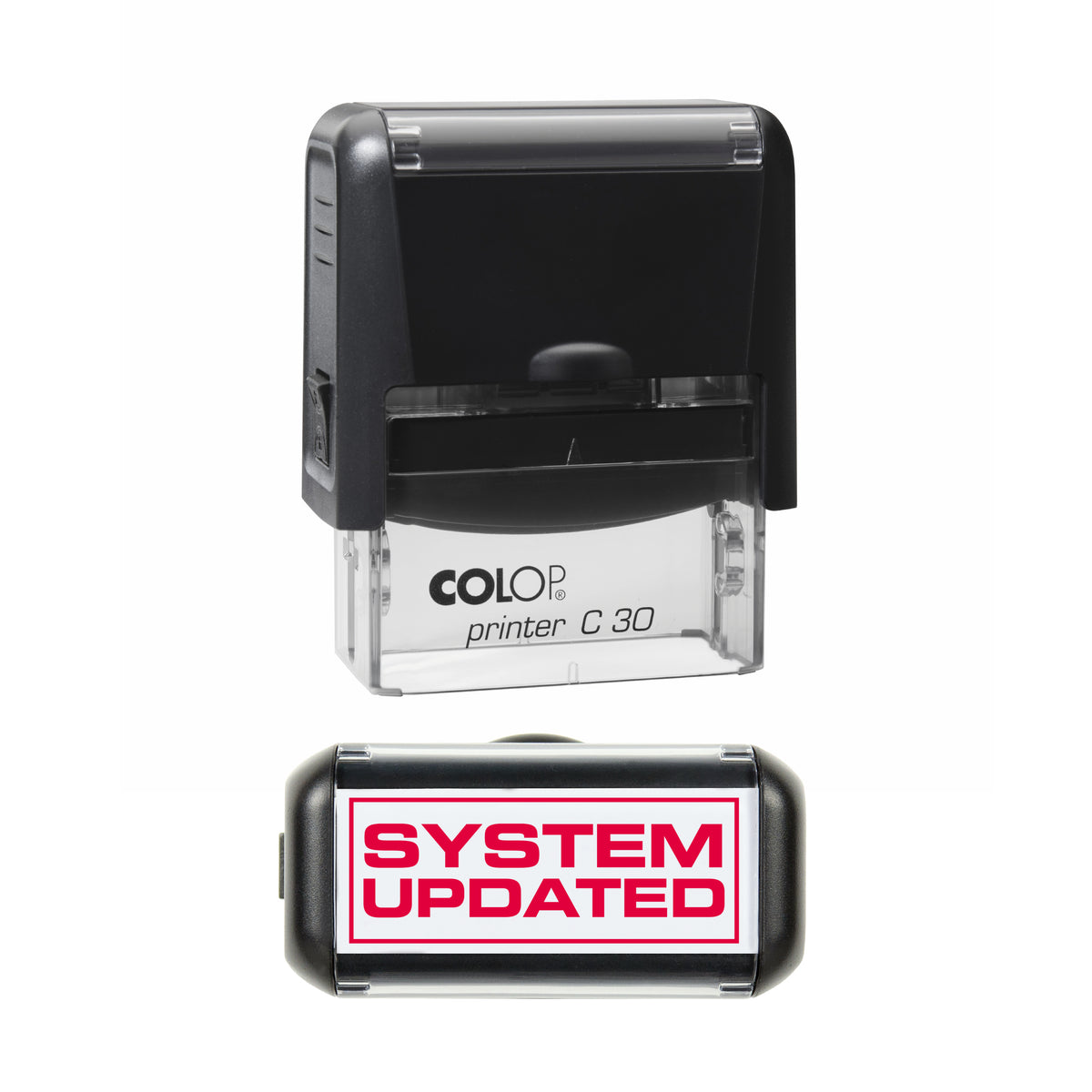 System Updated COLOP C30 stamp impression in red ink, 45 x 18mm