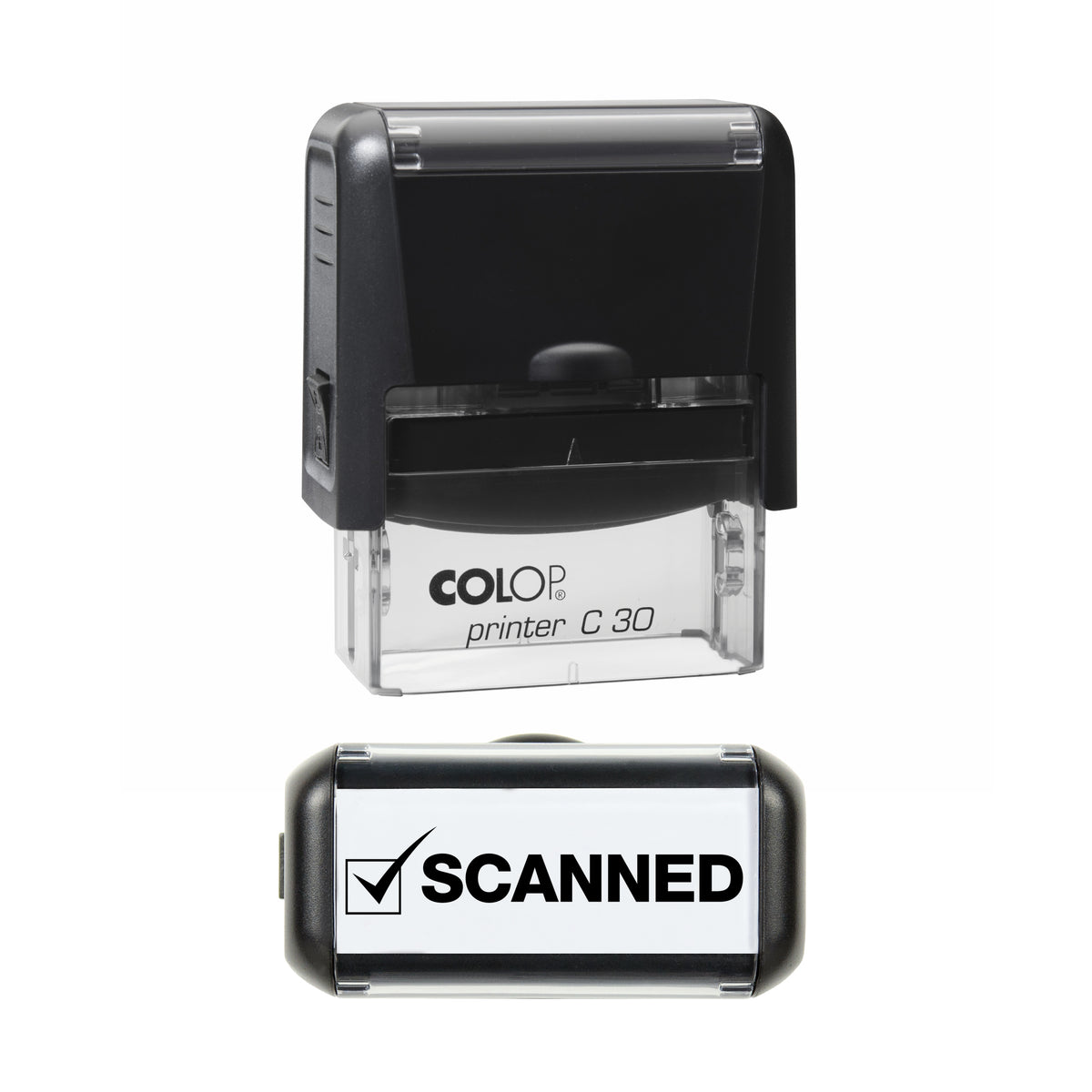 Scanned COLOP C30 black ink impression, 45 x 18mm