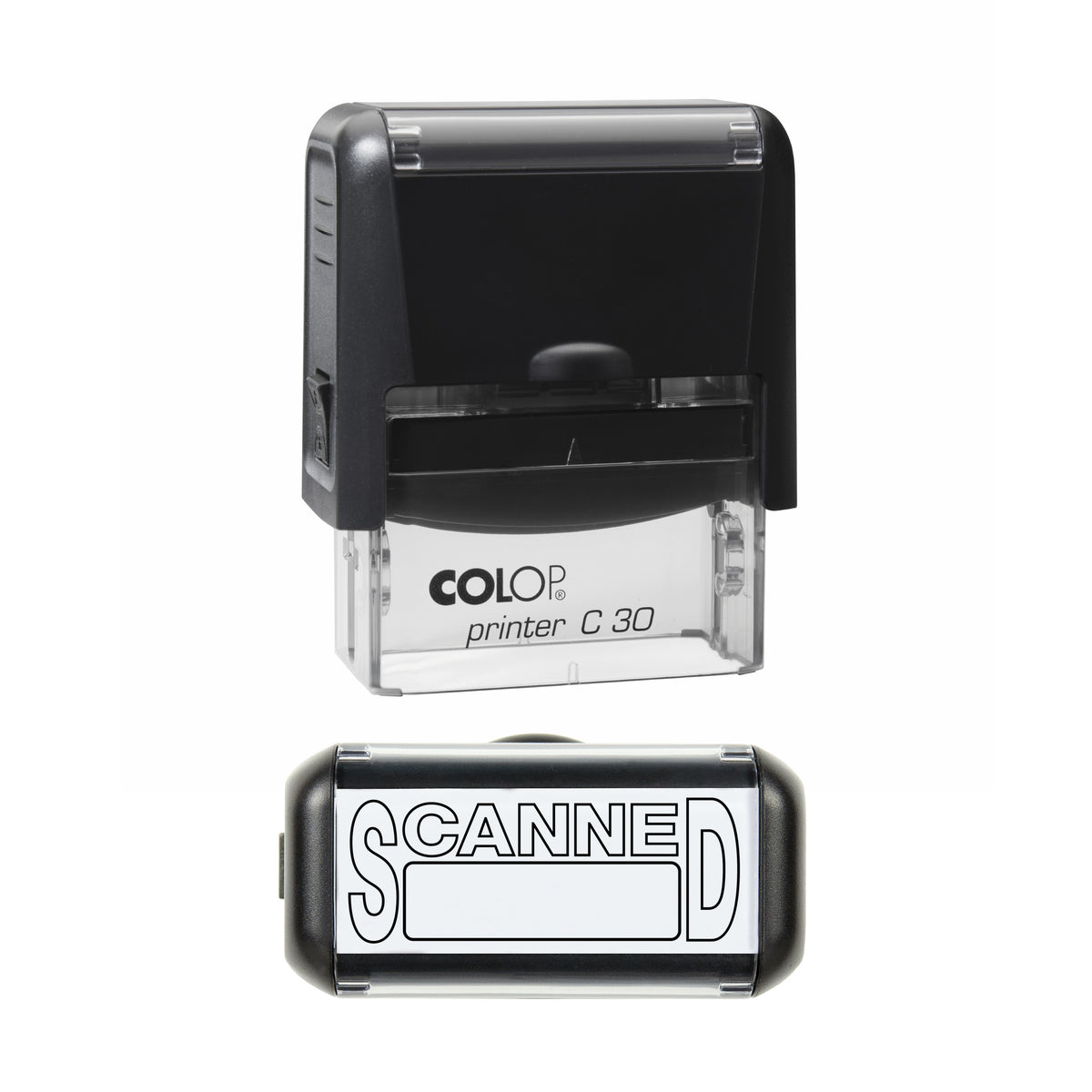 Scanned COLOP C30 stamp impression in black ink, 45 x 18mm
