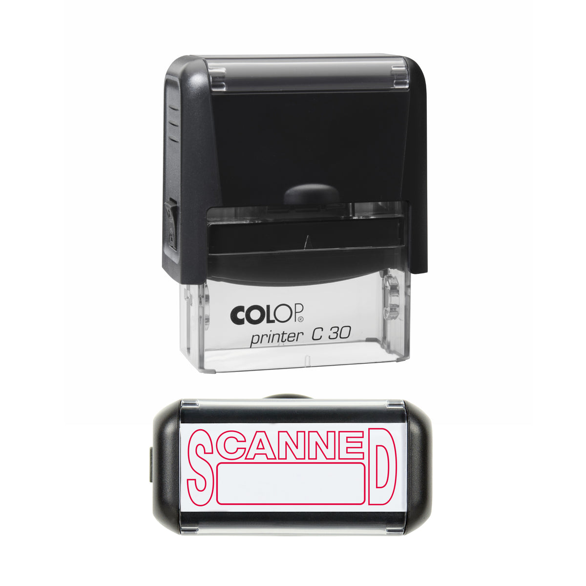Scanned COLOP C30 stamp impression in red ink, 45 x 18mm