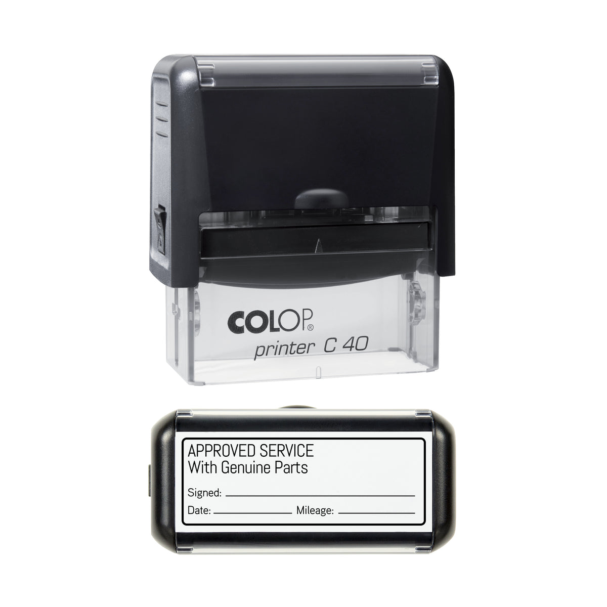 Approved Service With Genuine Parts - Self Inking Rubber Stamp - COLOP C40 - 58 × 22 mm Impression — black ink