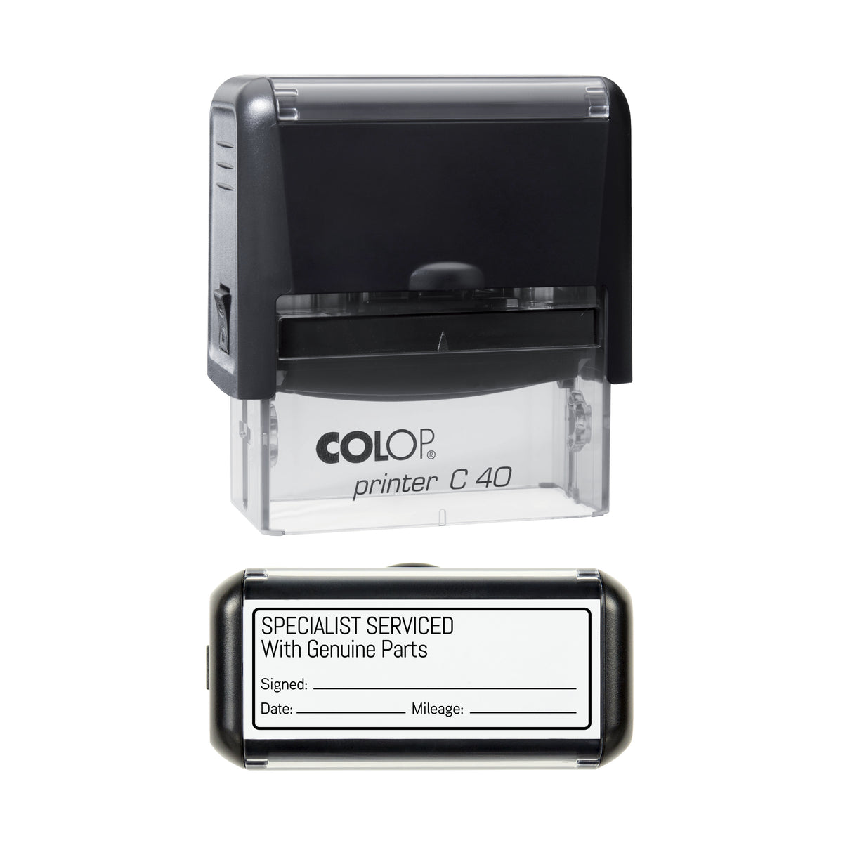 Specialist Serviced With Genuine Parts - Self Inking Rubber Stamp - COLOP C40 - 58 × 22 mm Impression — black ink