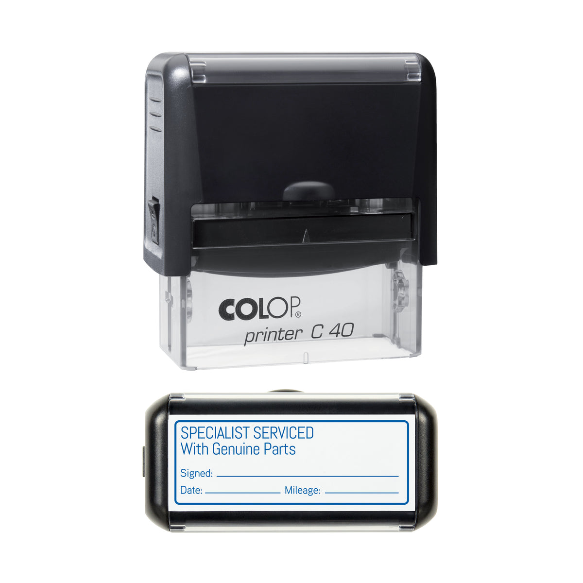 Specialist Serviced With Genuine Parts - Self Inking Rubber Stamp - COLOP C40 - 58 × 22 mm Impression — blue ink