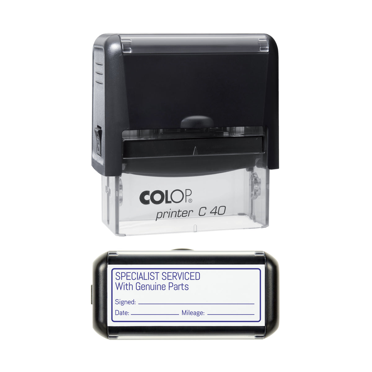 Specialist Serviced With Genuine Parts - Self Inking Rubber Stamp - COLOP C40 - 58 × 22 mm Impression — violet ink
