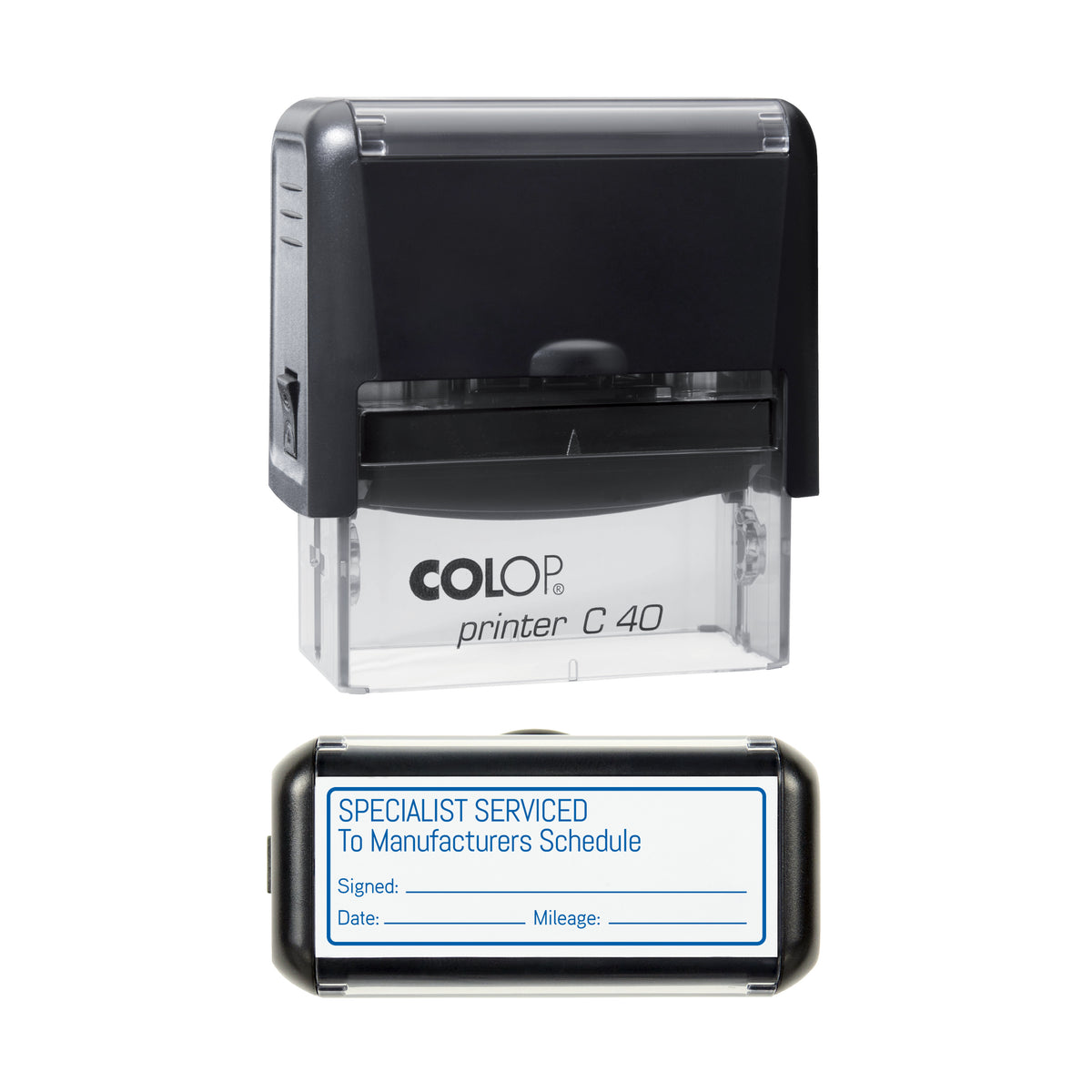 Specialist Service To Manufacturers Schedule - Self Inking Rubber Stamp - COLOP C40 - 58 × 22 mm Impression — blue ink