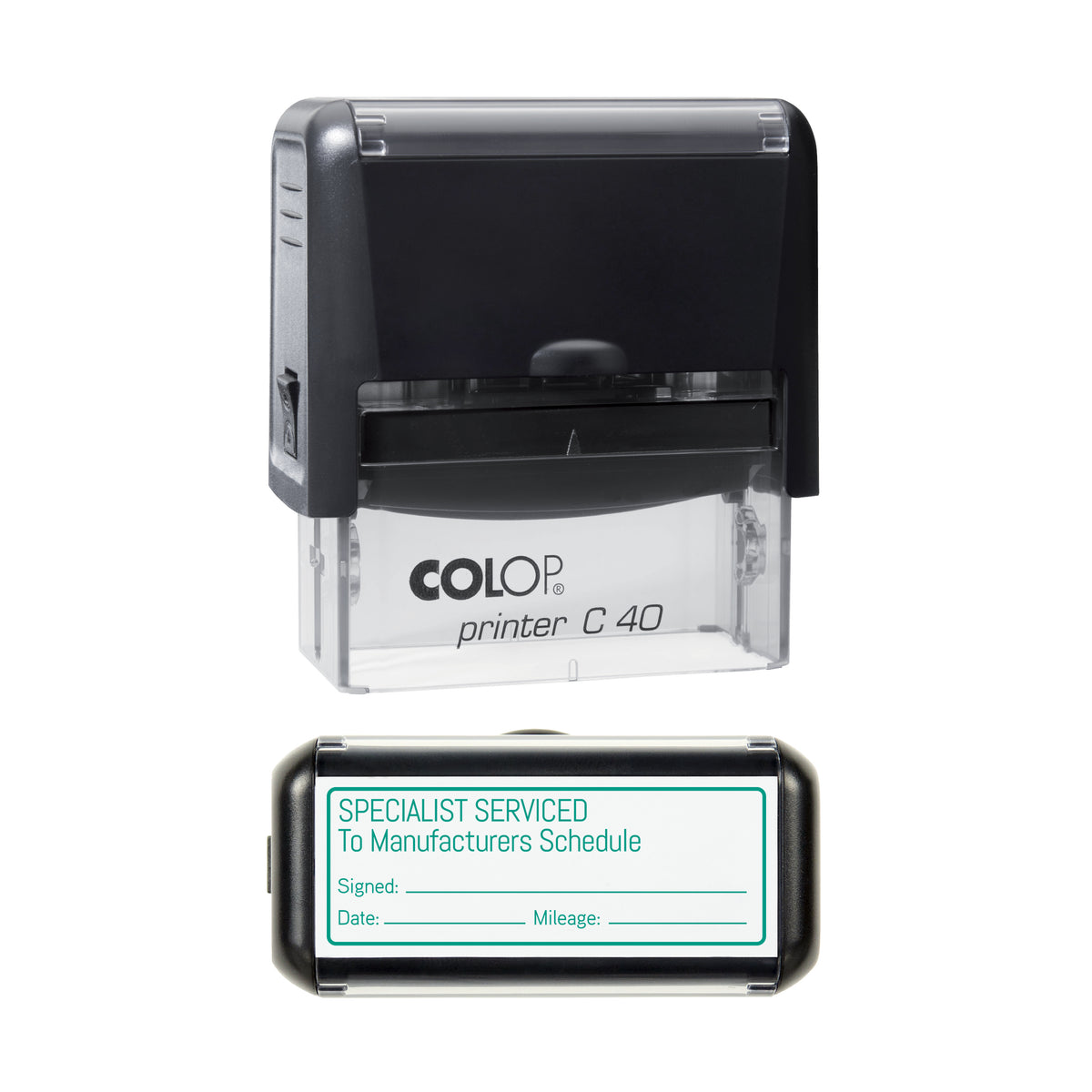 Specialist Service To Manufacturers Schedule - Self Inking Rubber Stamp - COLOP C40 - 58 × 22 mm Impression — green ink