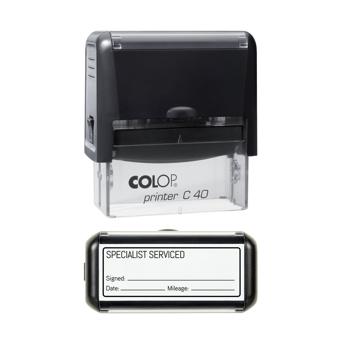 Specialist Serviced - Self Inking Rubber Stamp - COLOP C40 - 58 × 22 mm Impression — black ink