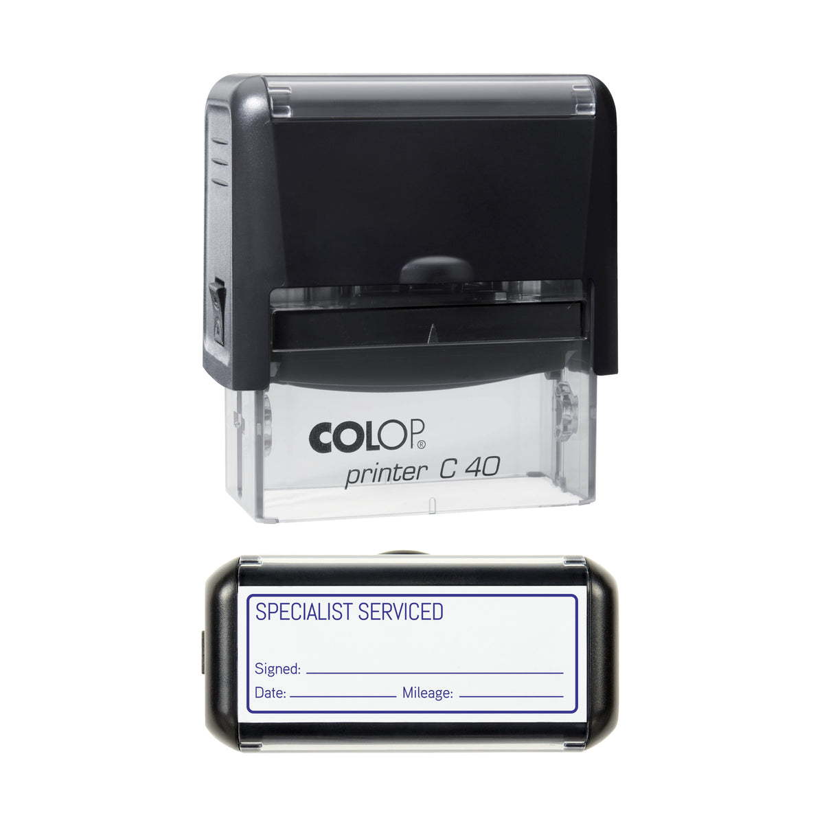 Specialist Serviced - Self Inking Rubber Stamp - COLOP C40 - 58 × 22 mm Impression — violet ink
