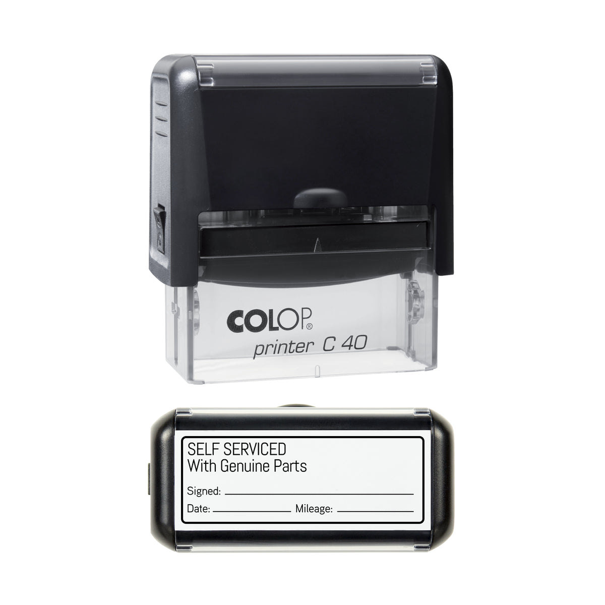 Self Serviced With Genuine Parts - Self Inking Rubber Stamp - COLOP C40 - 58 × 22 mm Impression — black ink