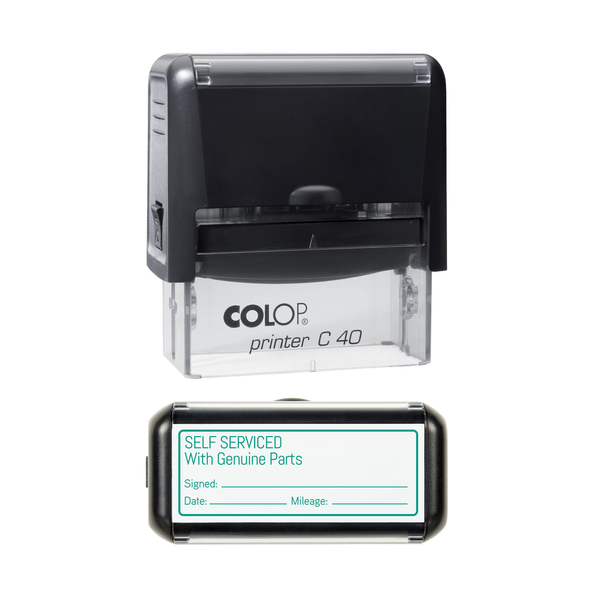 Self Serviced With Genuine Parts - Self Inking Rubber Stamp - COLOP C40 - 58 × 22 mm Impression — green ink