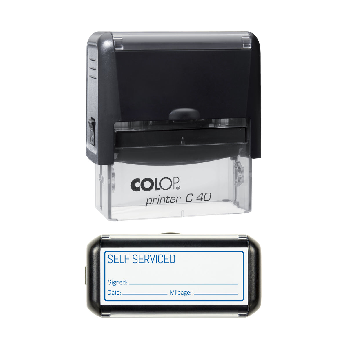 Self Serviced - Self Inking Rubber Stamp - COLOP C40 - 58 × 22 mm Impression — blue ink