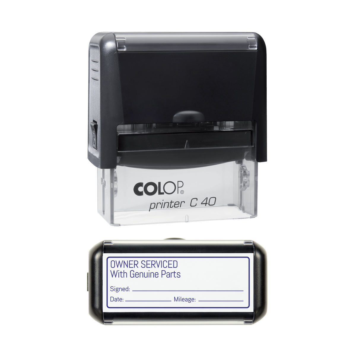 Owner Serviced With Genuine Parts - Self Inking Rubber Stamp - COLOP C40 - 58 × 22 mm Impression — violet ink