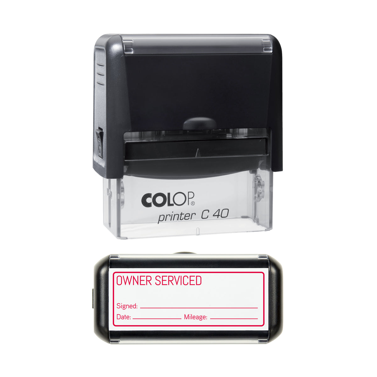 Owner Serviced - Self Inking Rubber Stamp - COLOP C40 - 58 × 22 mm Impression — red ink