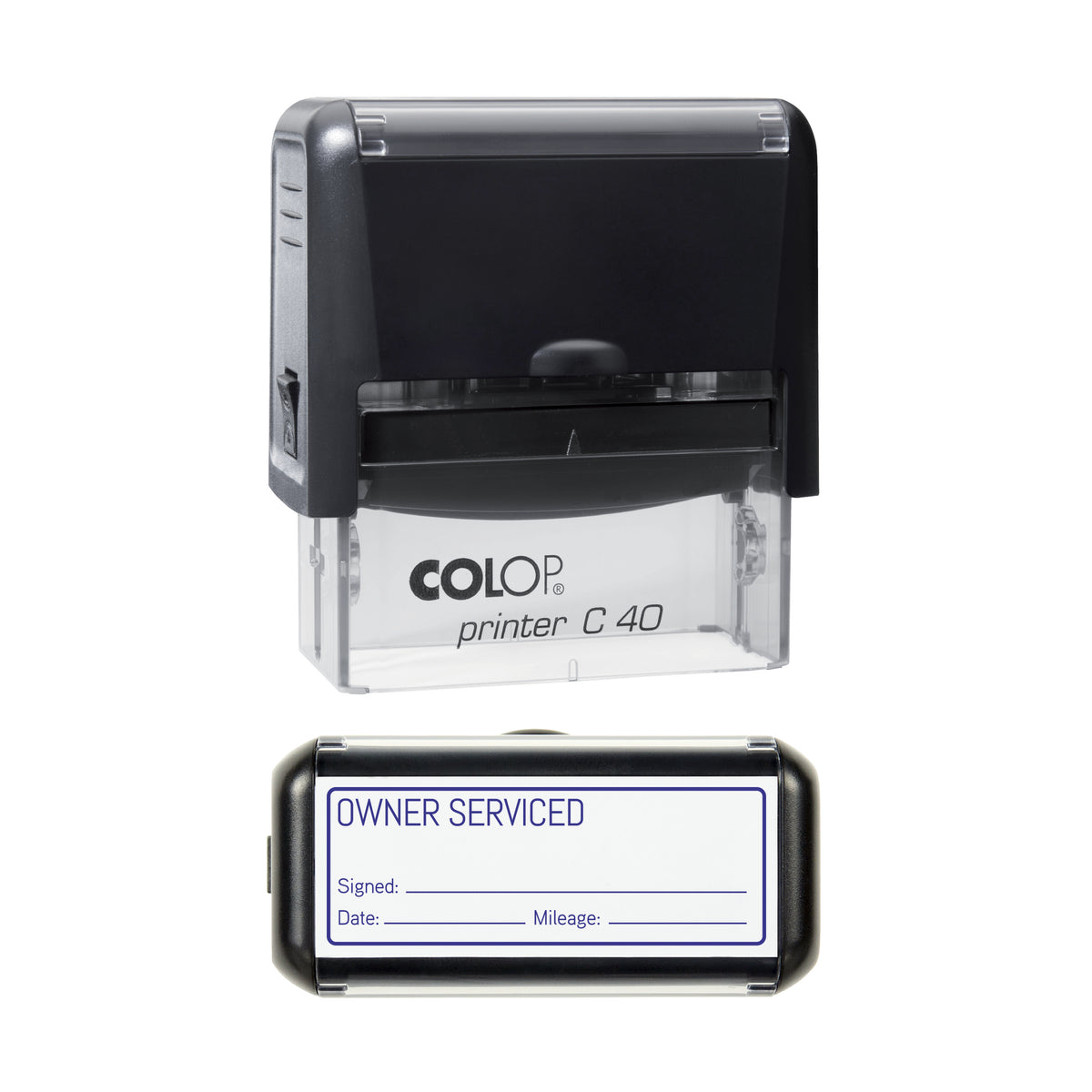 Owner Serviced - Self Inking Rubber Stamp - COLOP C40 - 58 × 22 mm Impression — violet ink