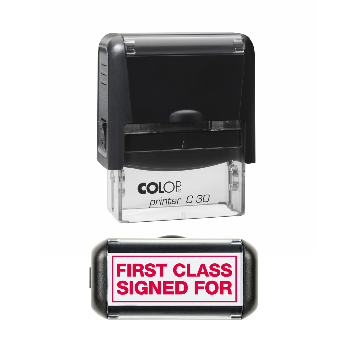 First Class Signed For With Border - Self-Inking Stamp - COLOP C30 - 45 x 18mm - red ink
