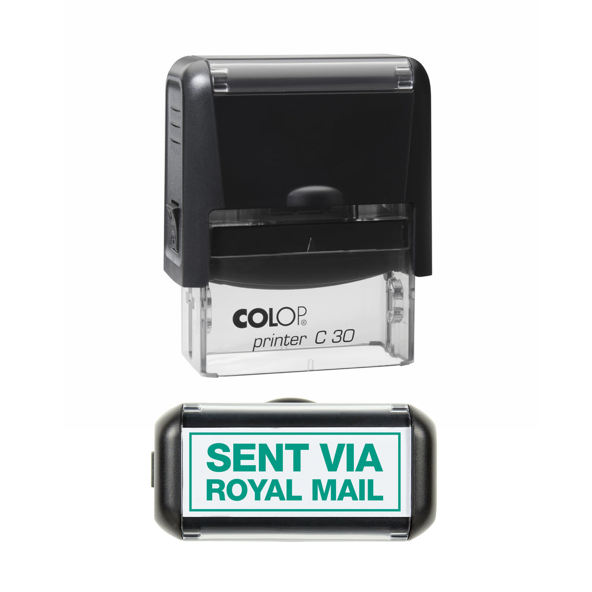Sent via Royal Mail COLOP C30 stamp impression in green ink, 45 x 18mm