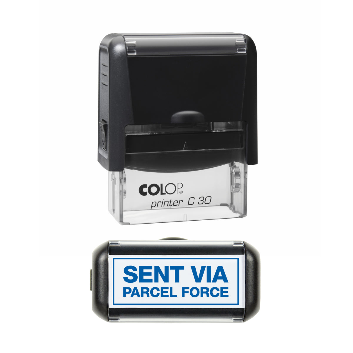 Sent via Parcel Force COLOP C30 stamp impression in blue ink, 45 x 18mm