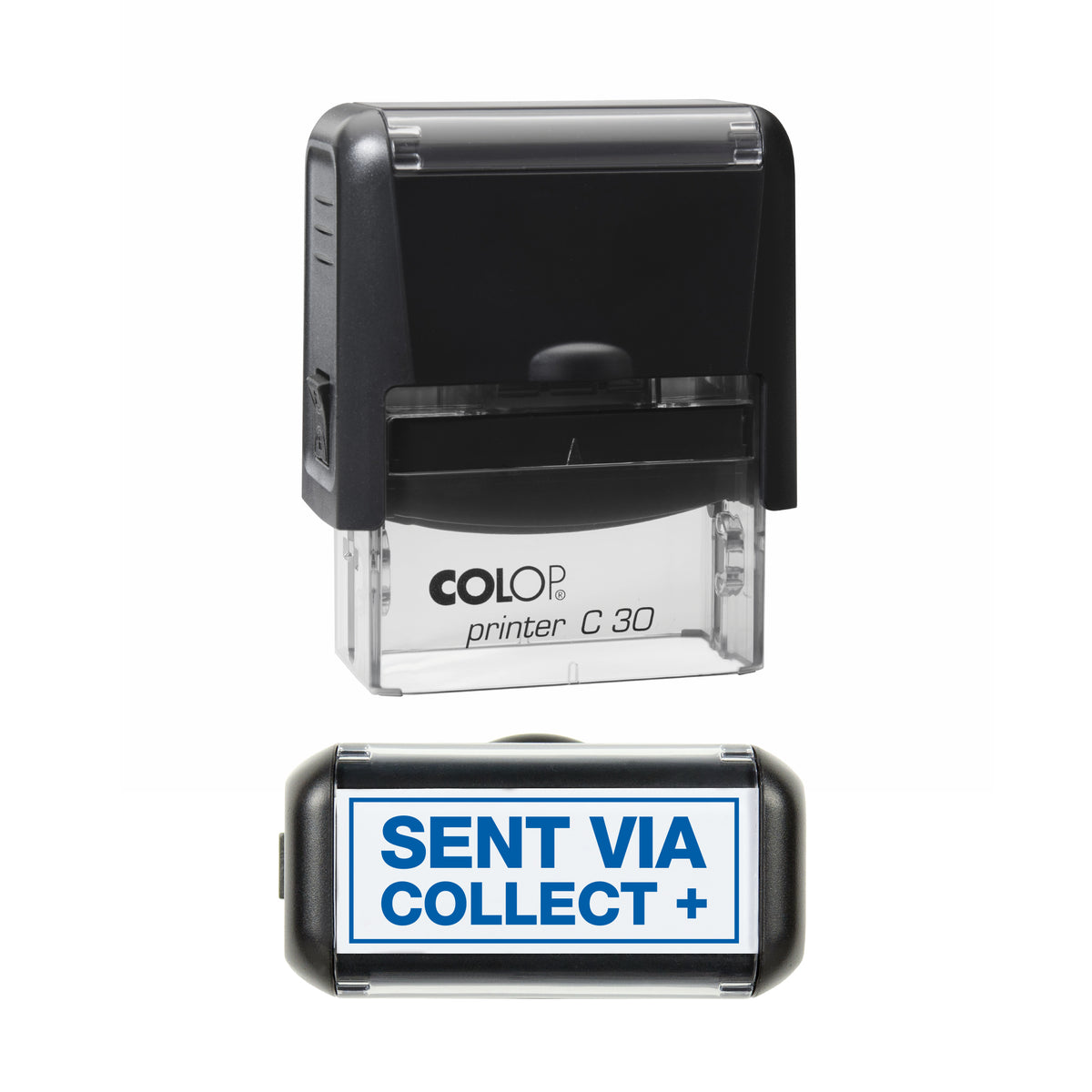 Sent via Collect Plus COLOP C30 stamp impression in blue ink, 45 x 18mm