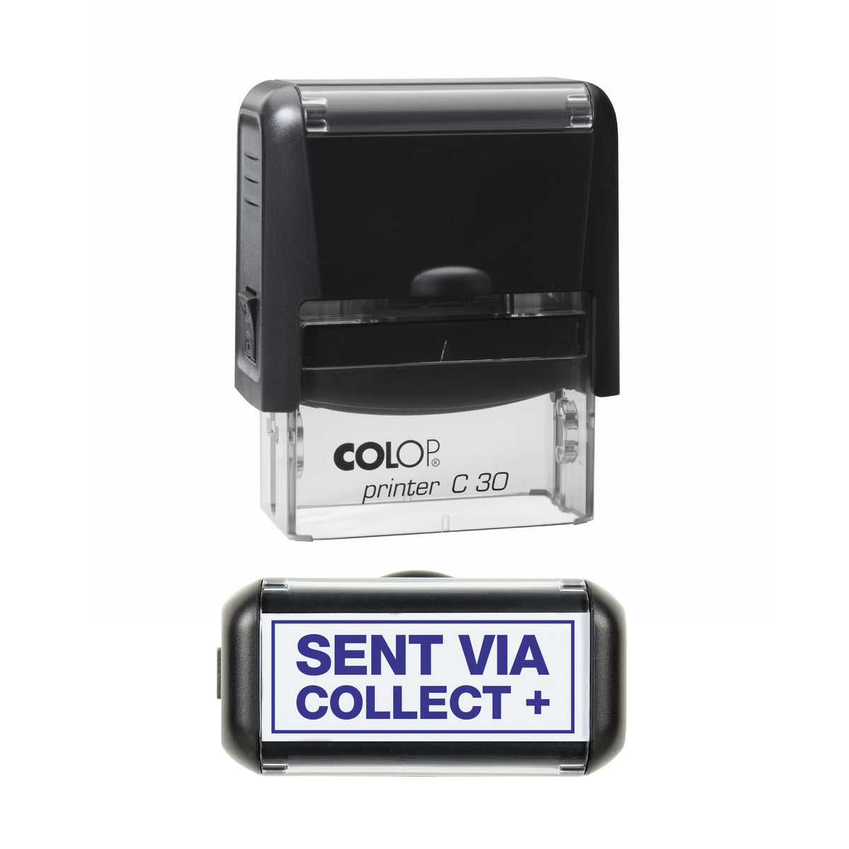 Sent via Collect Plus COLOP C30 stamp impression in violet ink, 45 x 18mm