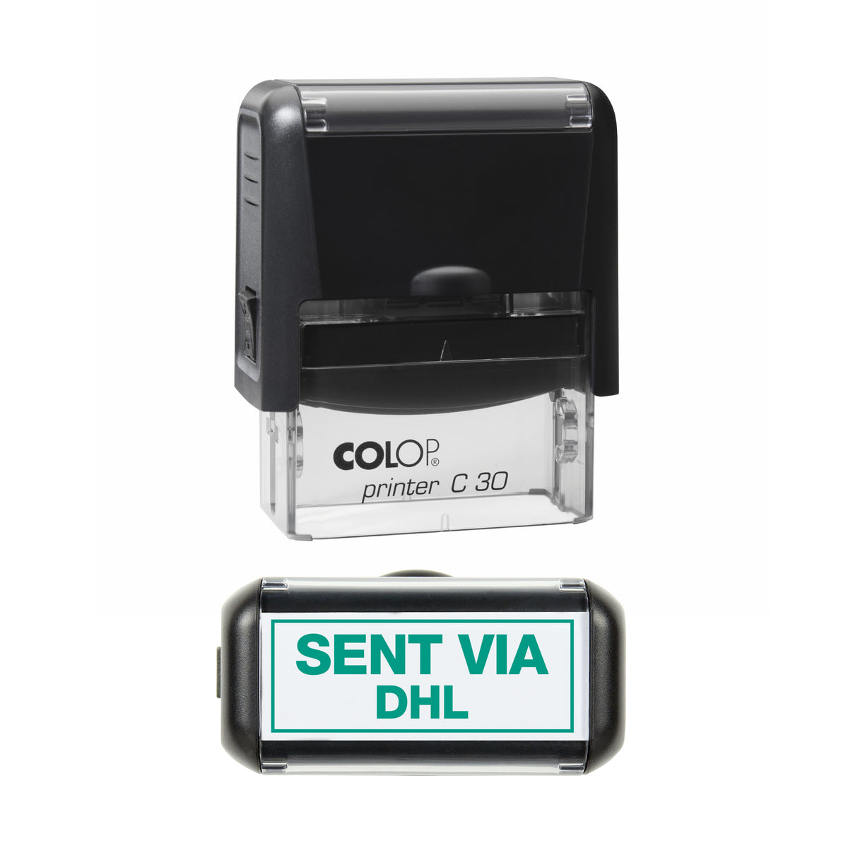 Sent via DHL COLOP C30 stamp impression in green ink, 45 x 18mm