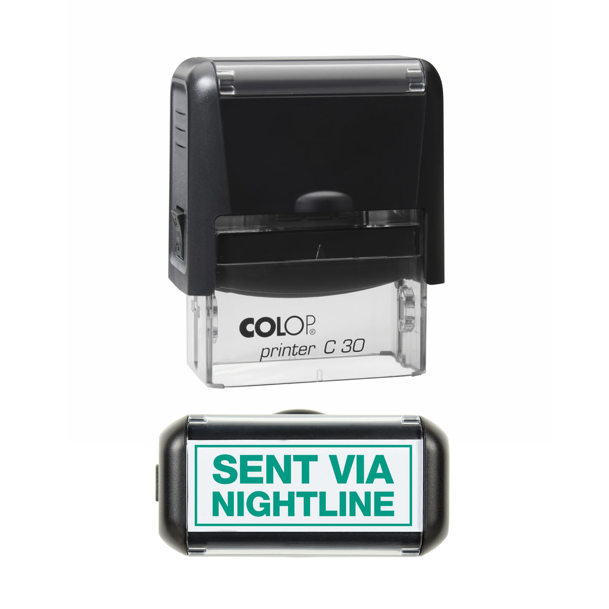 Sent via Nightline COLOP C30 stamp impression in green ink, 45 x 18mm