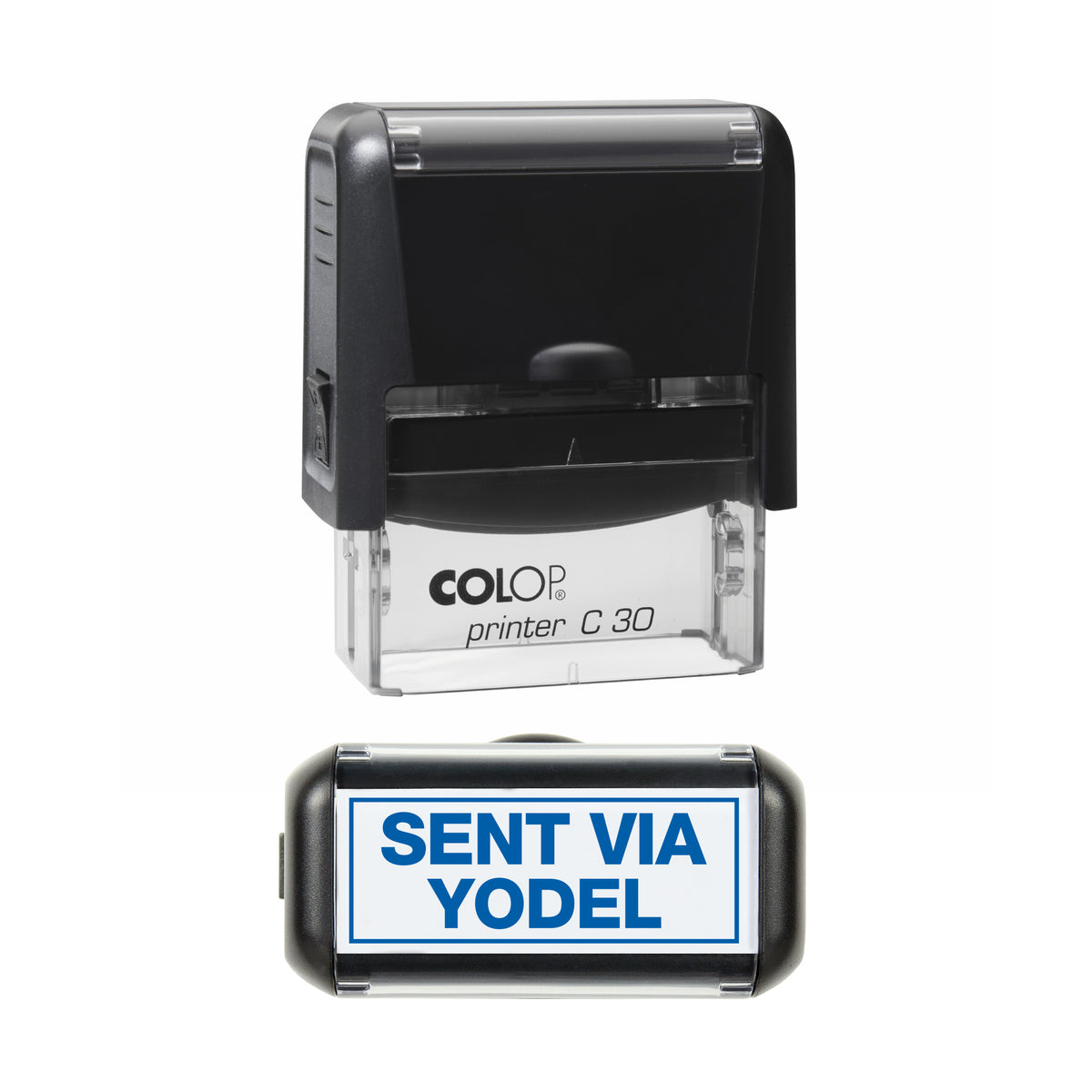 Sent via Yodel COLOP C30 stamp impression in blue ink, 45 x 18mm