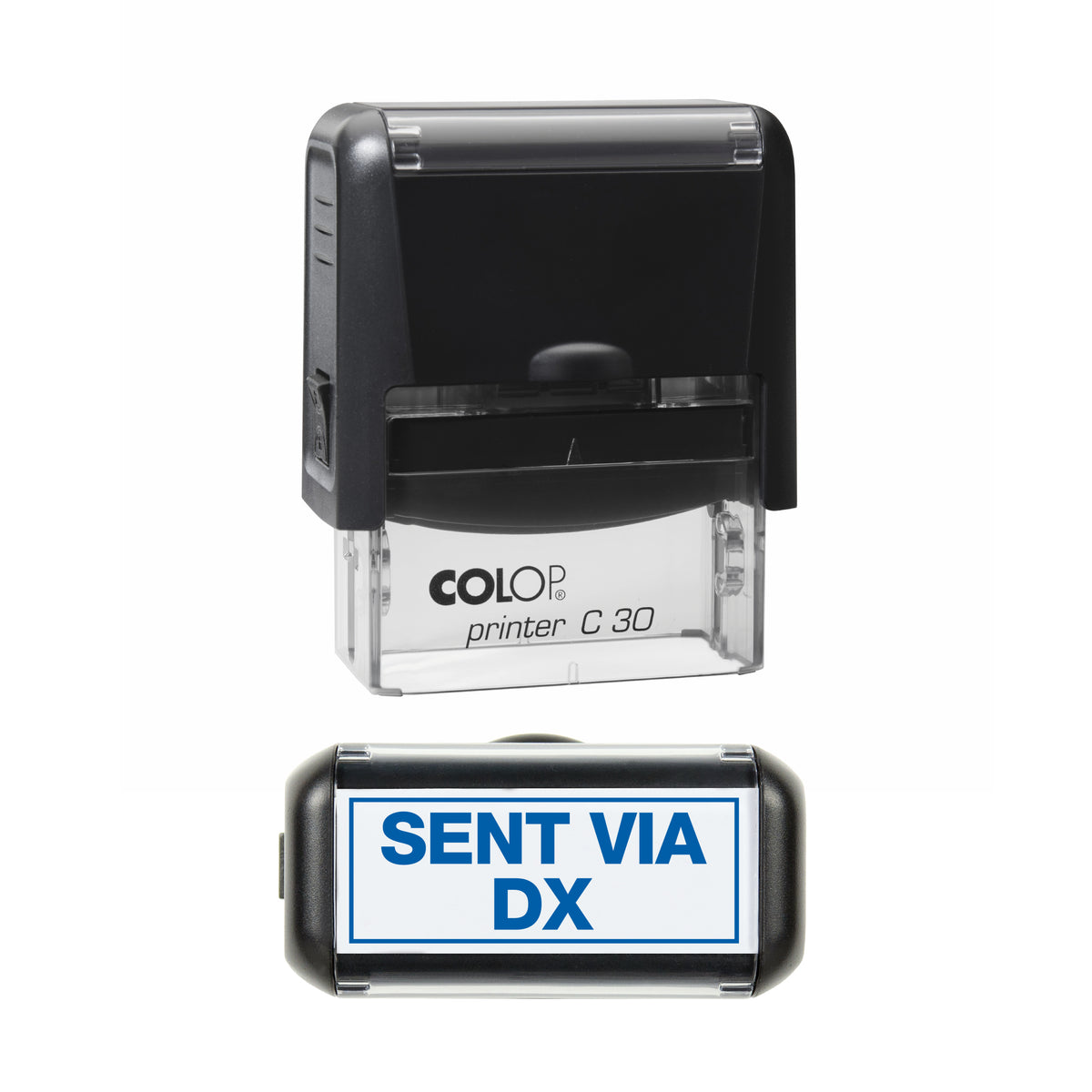 Sent via DX COLOP C30 stamp impression in blue ink, 45 x 18mm