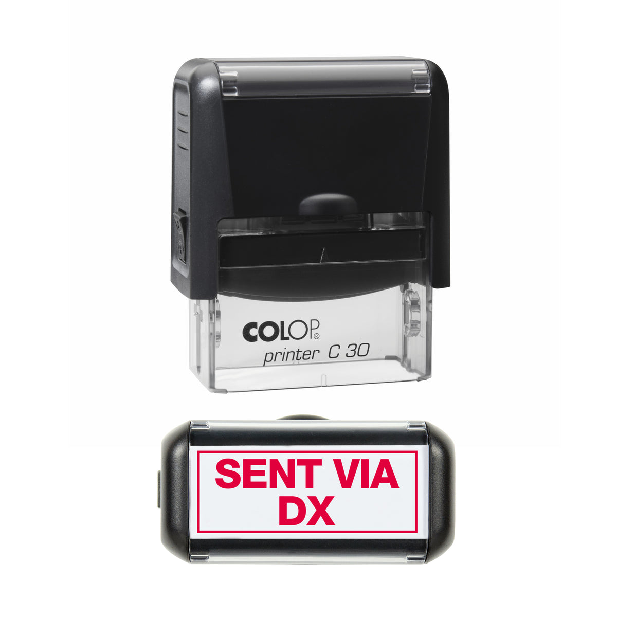 Sent via DX COLOP C30 stamp impression in red ink, 45 x 18mm