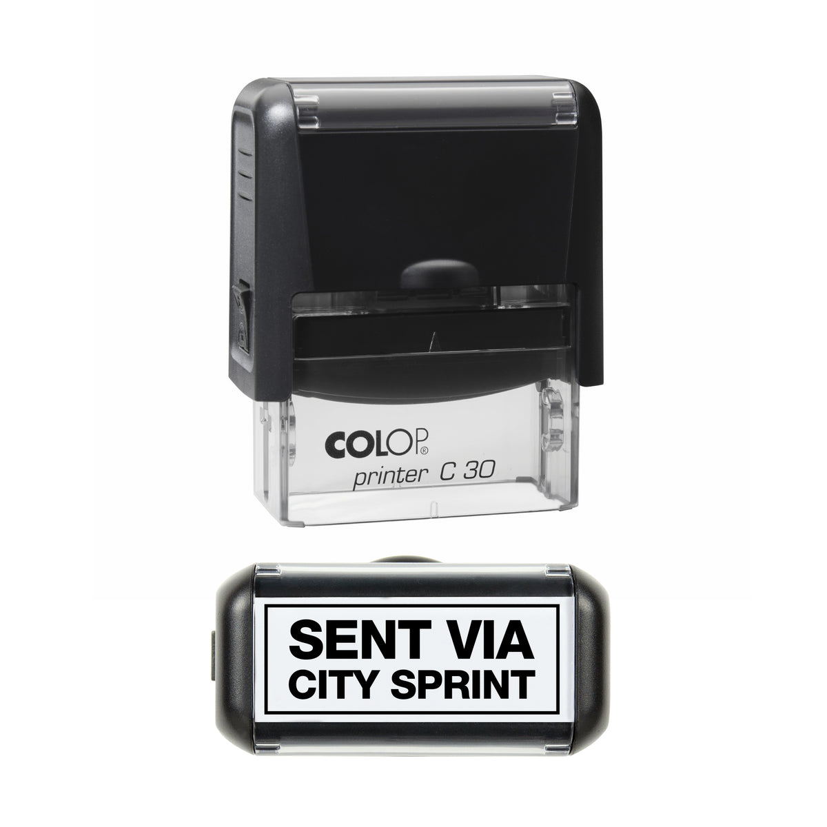 Sent via City Sprint COLOP C30 stamp impression in black ink, 45 x 18mm