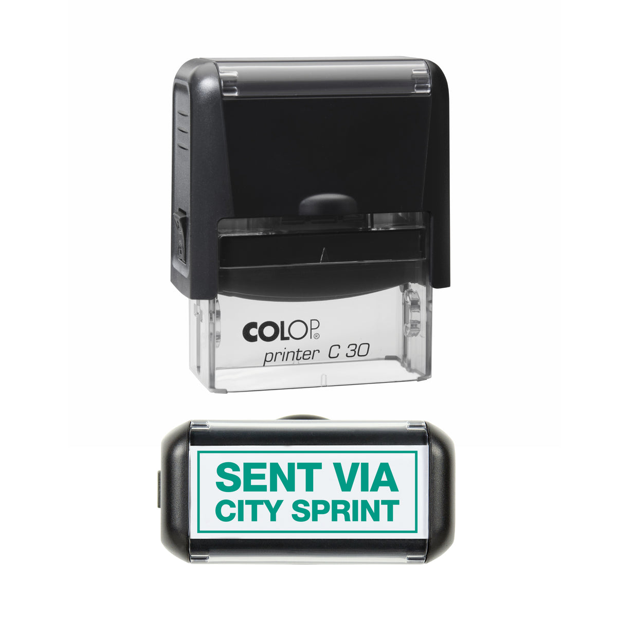 Sent via City Sprint COLOP C30 stamp impression in green ink, 45 x 18mm