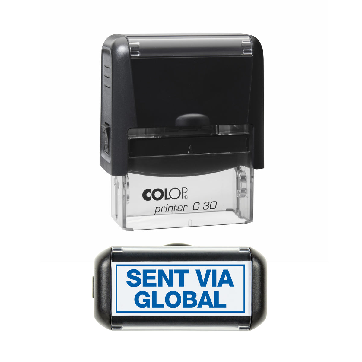 Sent via Global COLOP C30 stamp impression in blue ink, 45 x 18mm
