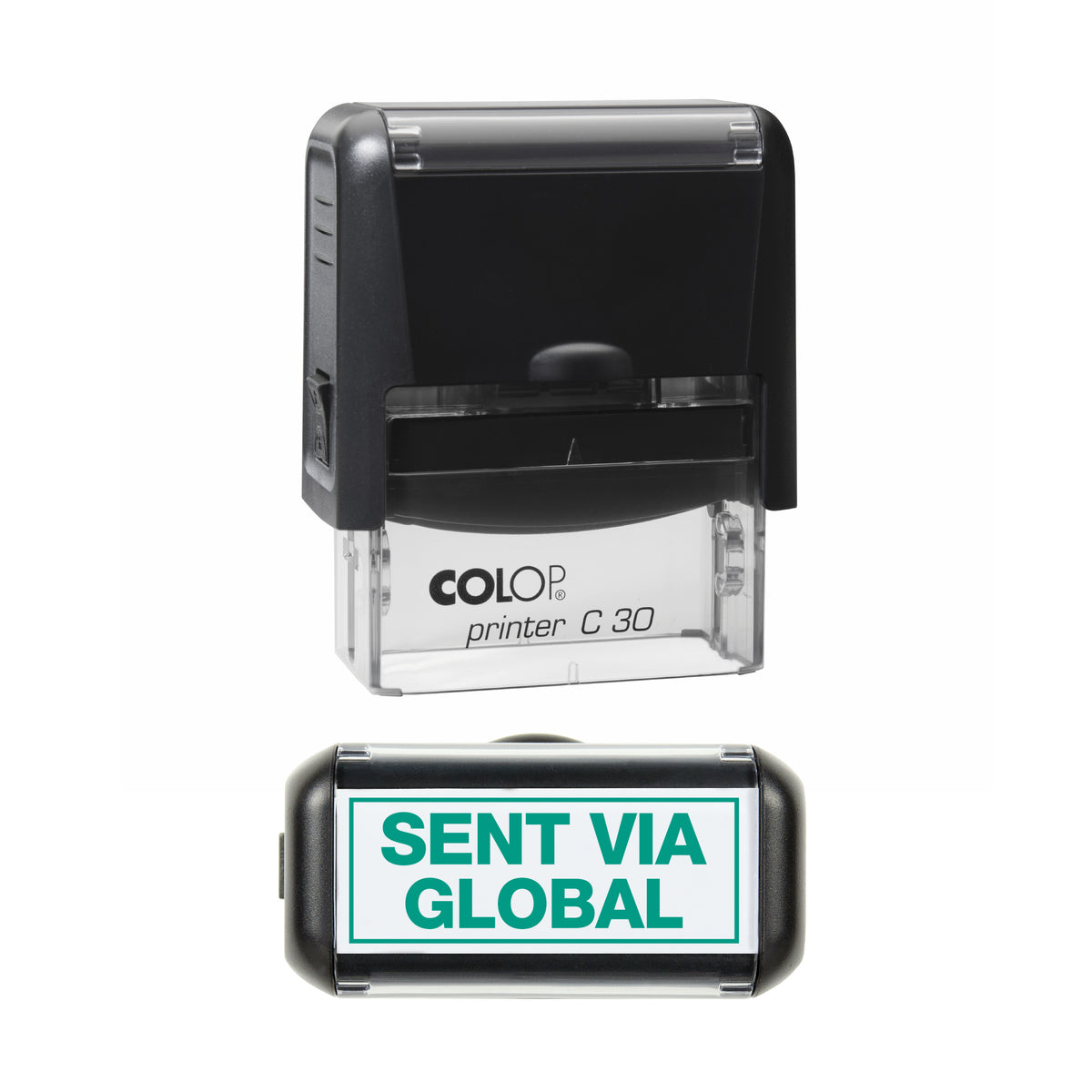 Sent via Global COLOP C30 stamp impression in green ink, 45 x 18mm