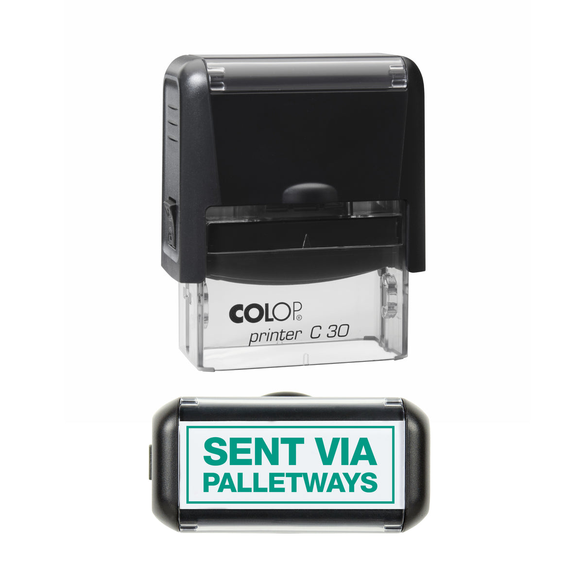 Sent via Palletways COLOP C30 stamp impression in green ink, 45 x 18mm