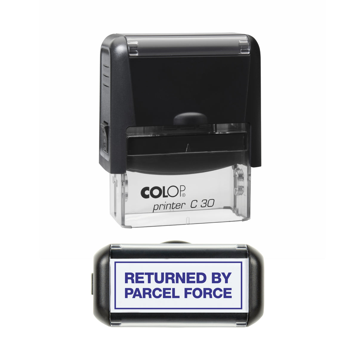 Returned by Parcel Force COLOP C30 stamp impression in violet ink, 45 x 18mm