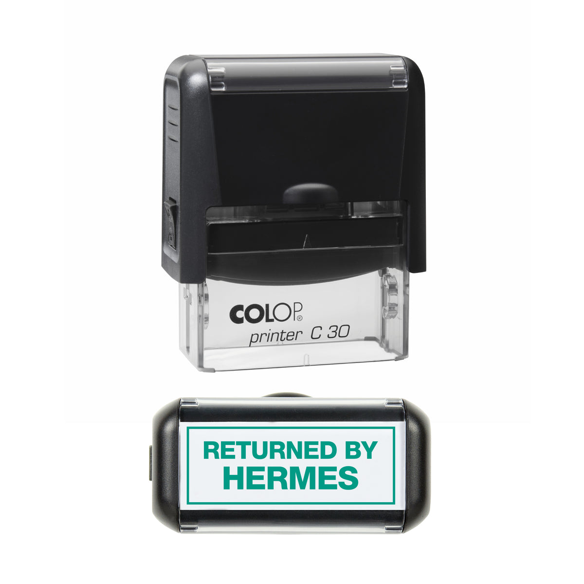 Returned by Hermes COLOP C30 green ink impression