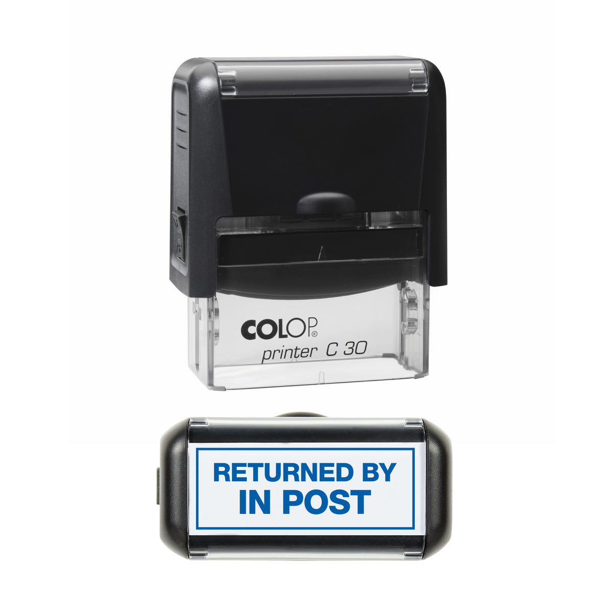 Returned by In Post COLOP C30 blue ink impression