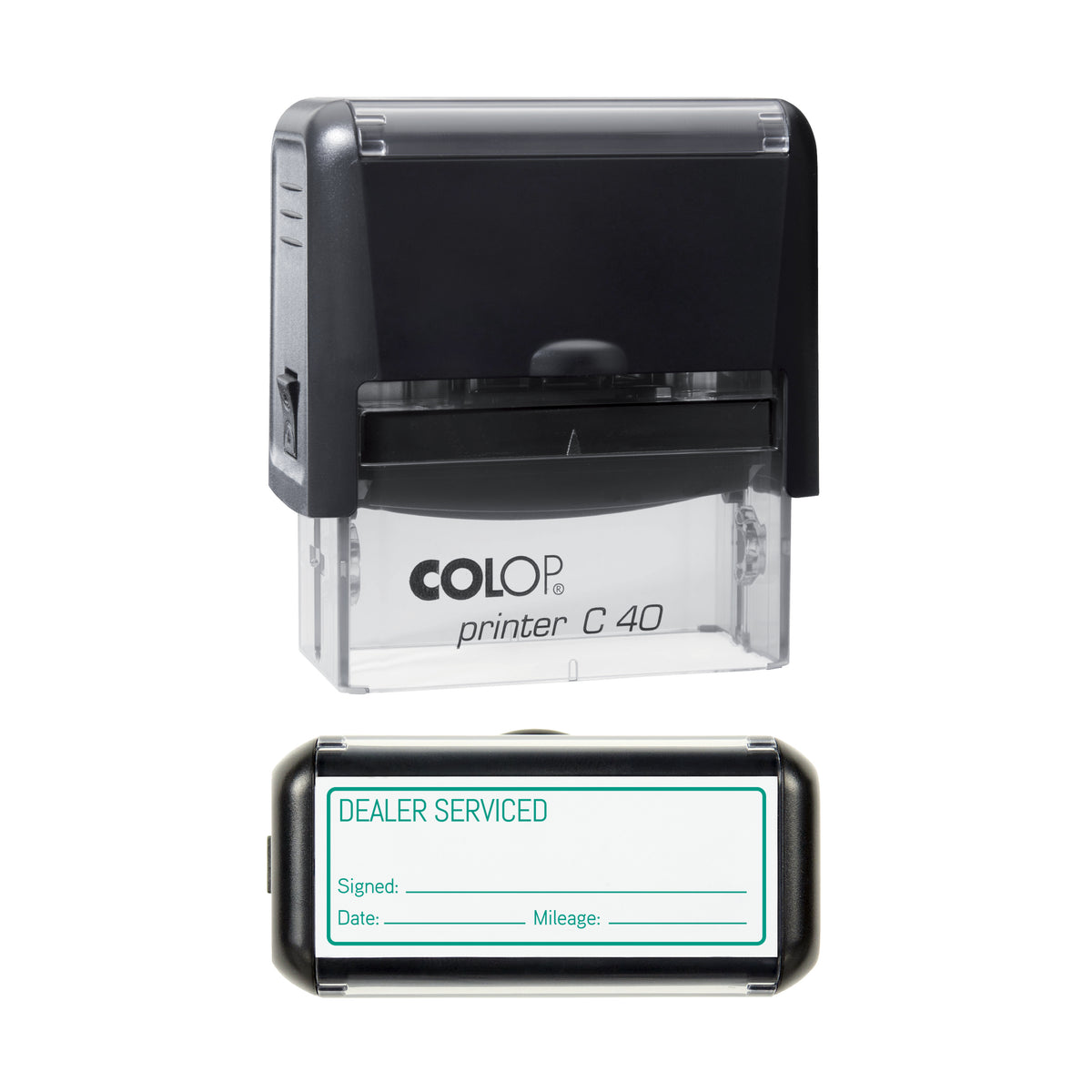 Dealer Serviced - Self Inking Rubber Stamp - COLOP C40 - 58 × 22 mm Impression — green ink