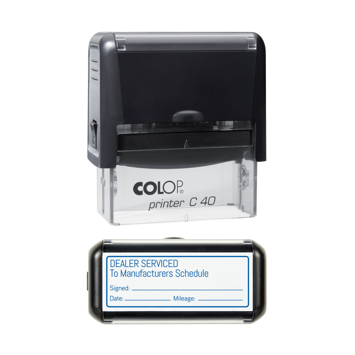 Dealer Serviced To Manufacturers Schedule - Self Inking Rubber Stamp - COLOP C40 - 58 × 22 mm Impression — blue ink