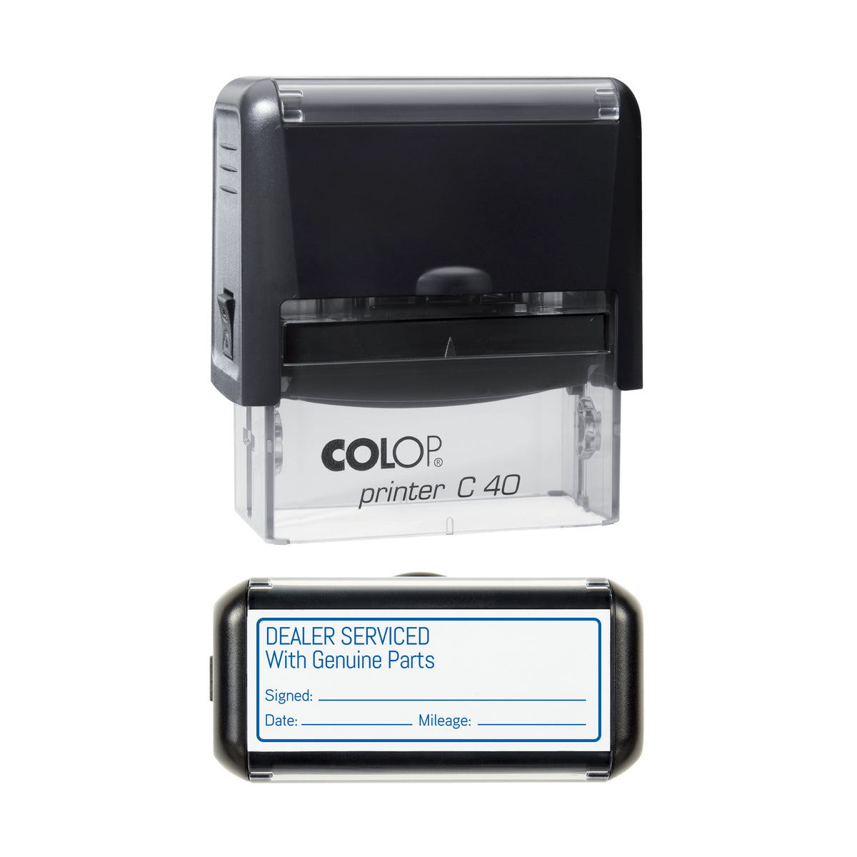 Dealer Serviced - With Genuine Parts - Self Inking Rubber Stamp - COLOP C40 - 58 × 22 mm Impression — blue ink