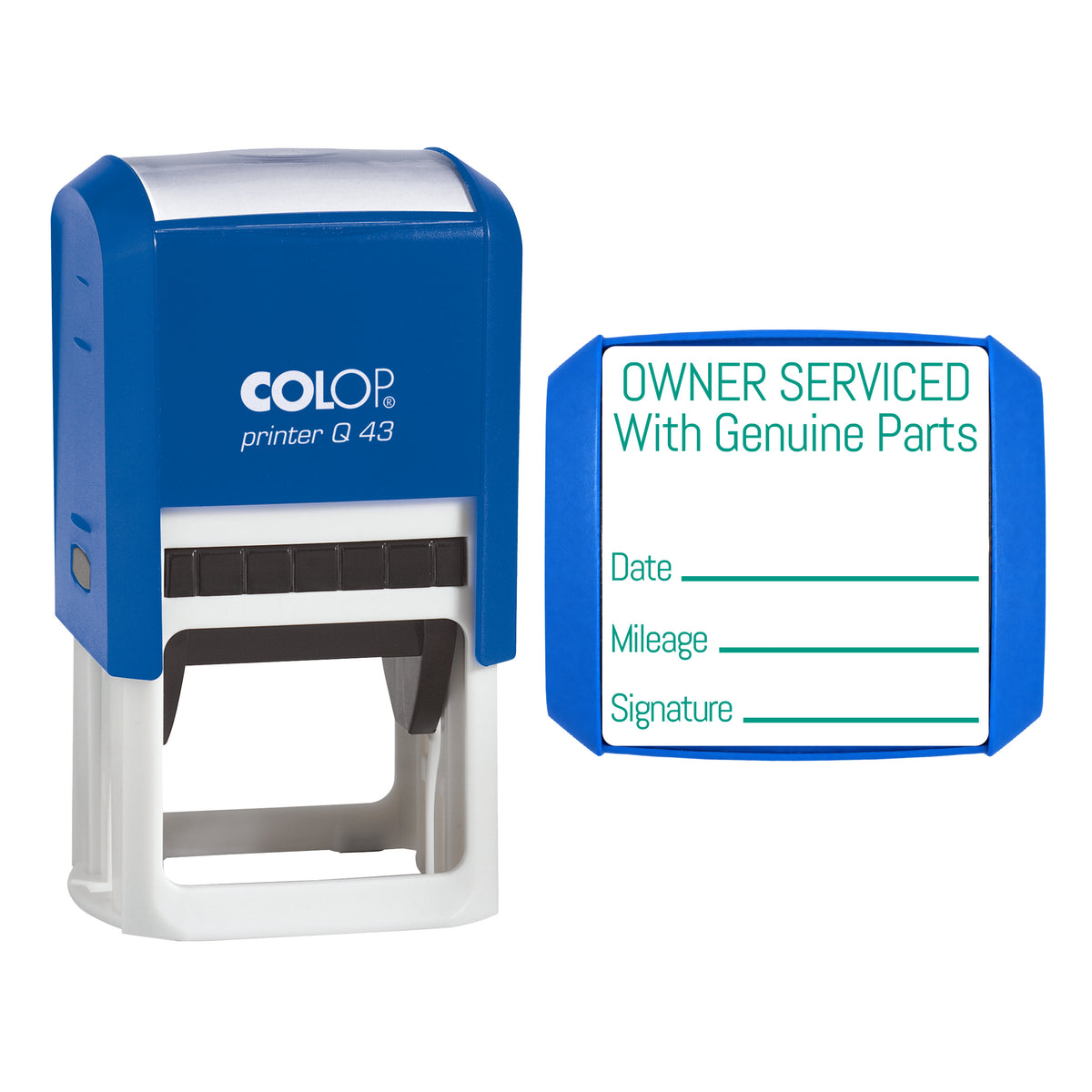 Owner Serviced With Genuine Parts - Self-Inking Stamp - COLOP Q43 - 43 x 43mm - green ink