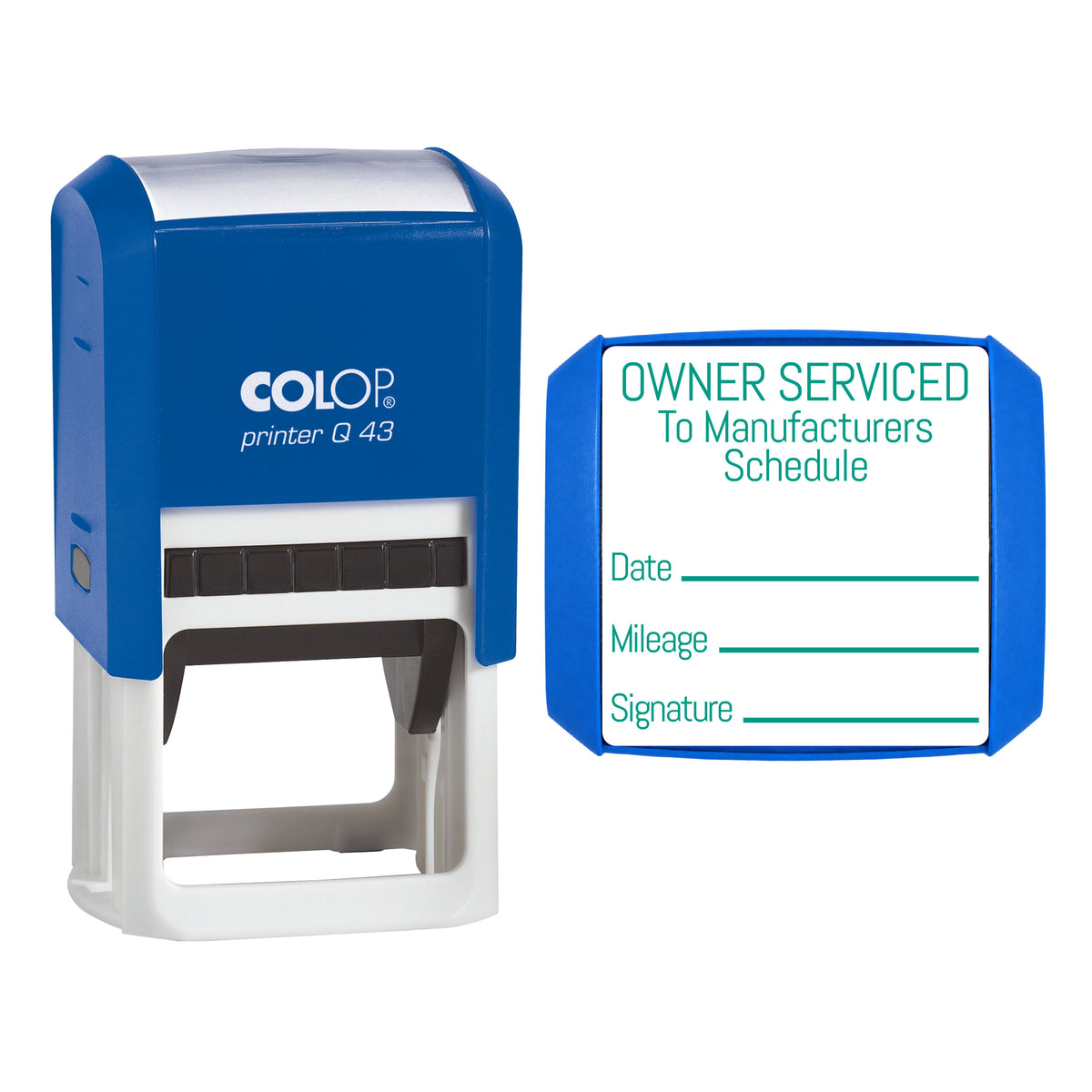 Owner Serviced To Manufacturers Schedule - Self-Inking Stamp - COLOP Q43 - 43 x 43mm - green ink