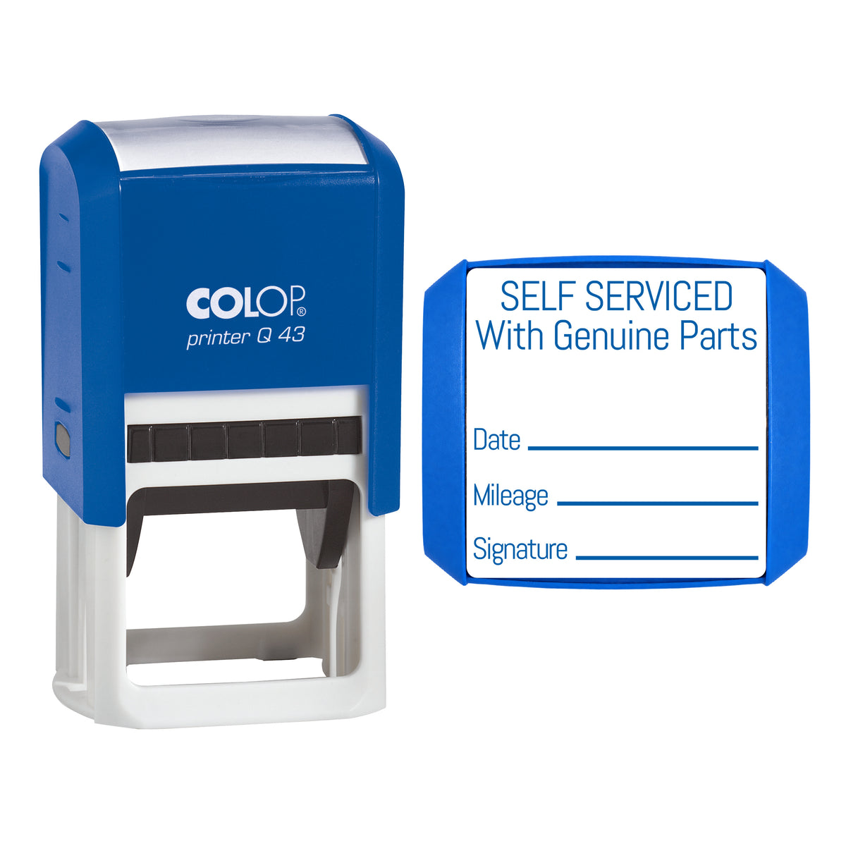 Self Serviced With Genuine Parts - Self-Inking Stamp - COLOP Q43 - 43 x 43mm - blue ink